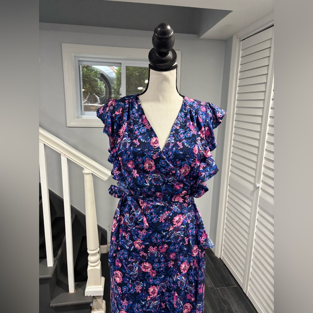 Ava & Aiden Vibrant Blue Floral Wrap Dress Size:L - Picture 4 of 12